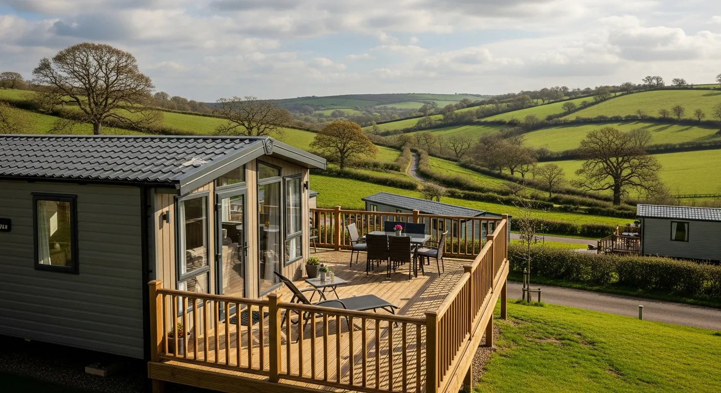 A static holiday home with decking overlooking the valley