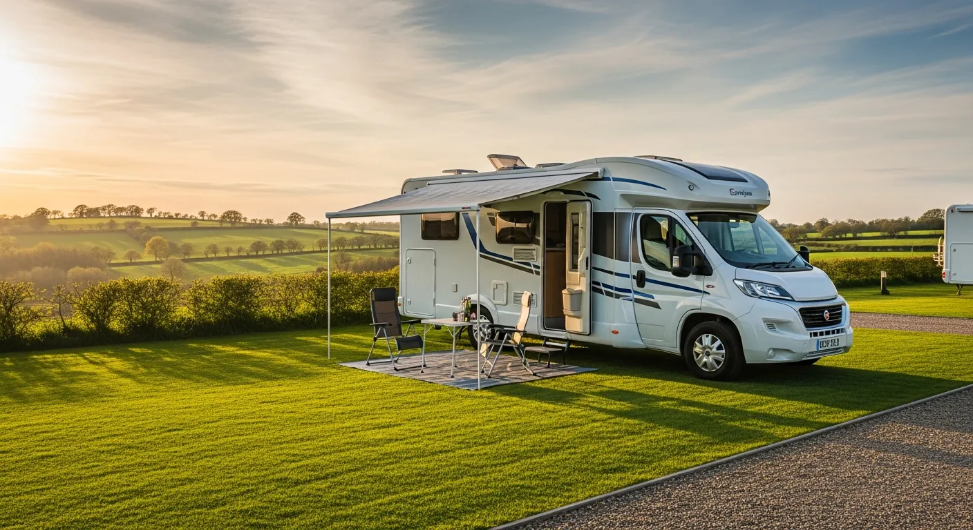 A touring caravan pitch amongst mature trees